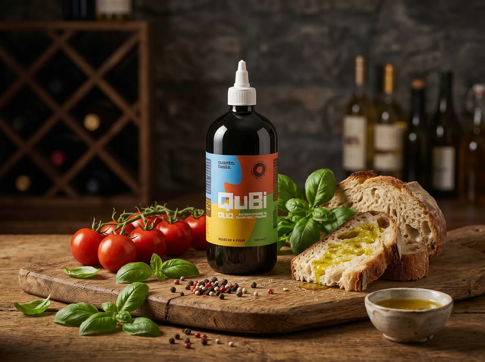 QuBi Olio Extravergine — Still life con pane, pomodori e basilico