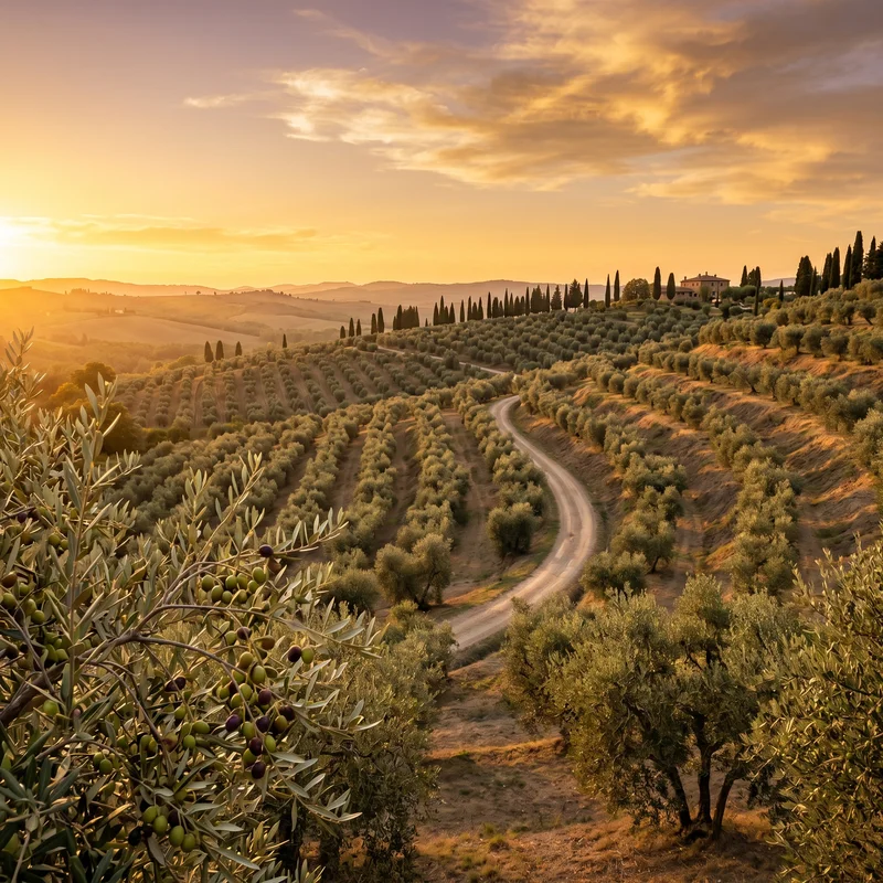 Uliveto toscano al tramonto